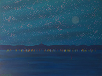waterside night lights reflections starry sky painting