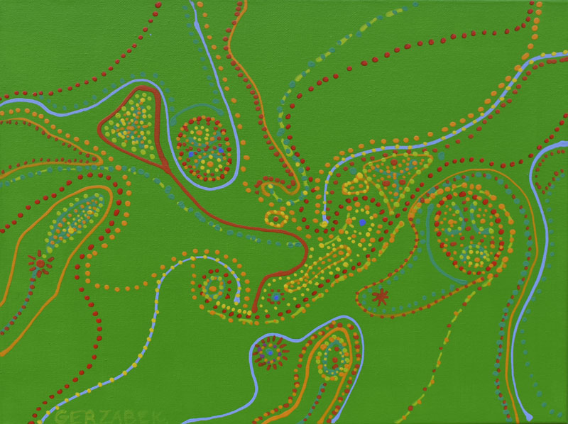 green abstract painting with dots and curvy lines