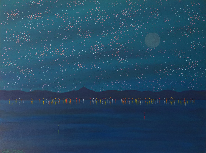waterside night lights reflections starry sky painting