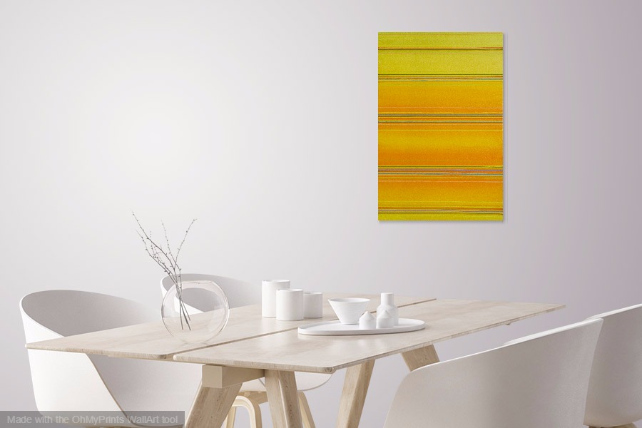 yellow geometric abstract artwork painting with multi-coloured lines on wall photo